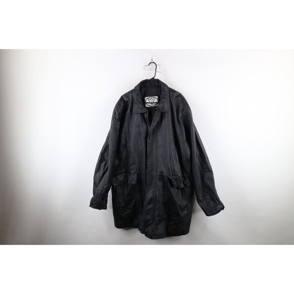 Vtg 90s Streetwear Mens Size 3XLT Quilted Leather Full Zip Parka Jacket Black